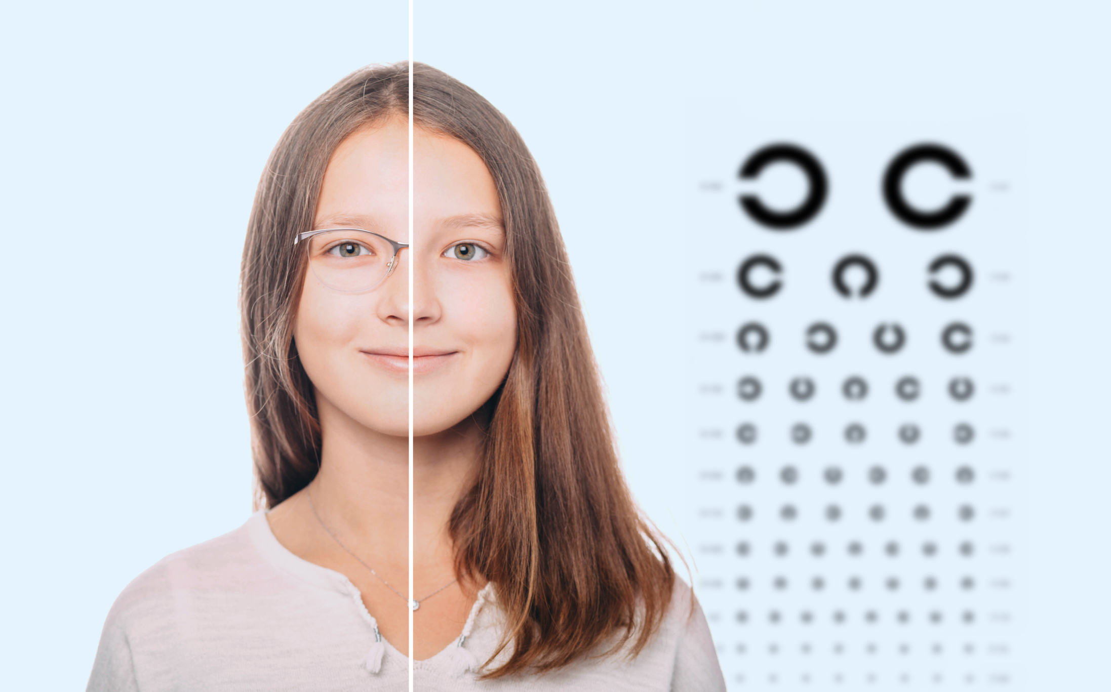 comparison girl with eyeglasses and with contact lenses