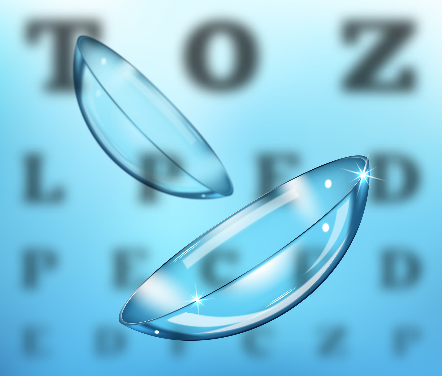 Medicine and vision concept – contact lenses on eyesight test chart background