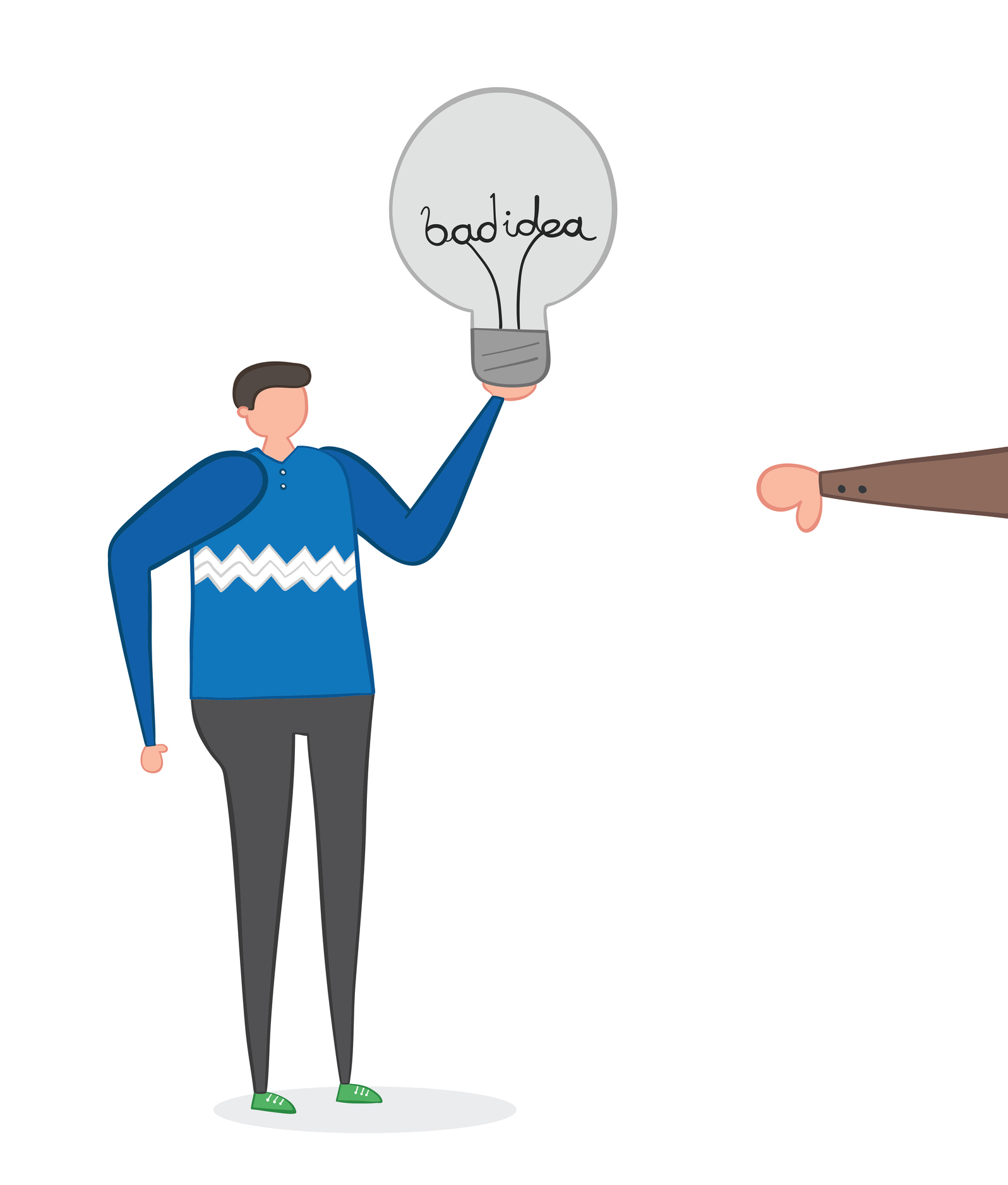 Man with bad idea light bulb and rejected with thumbs-down, hand-drawn vector illustration.