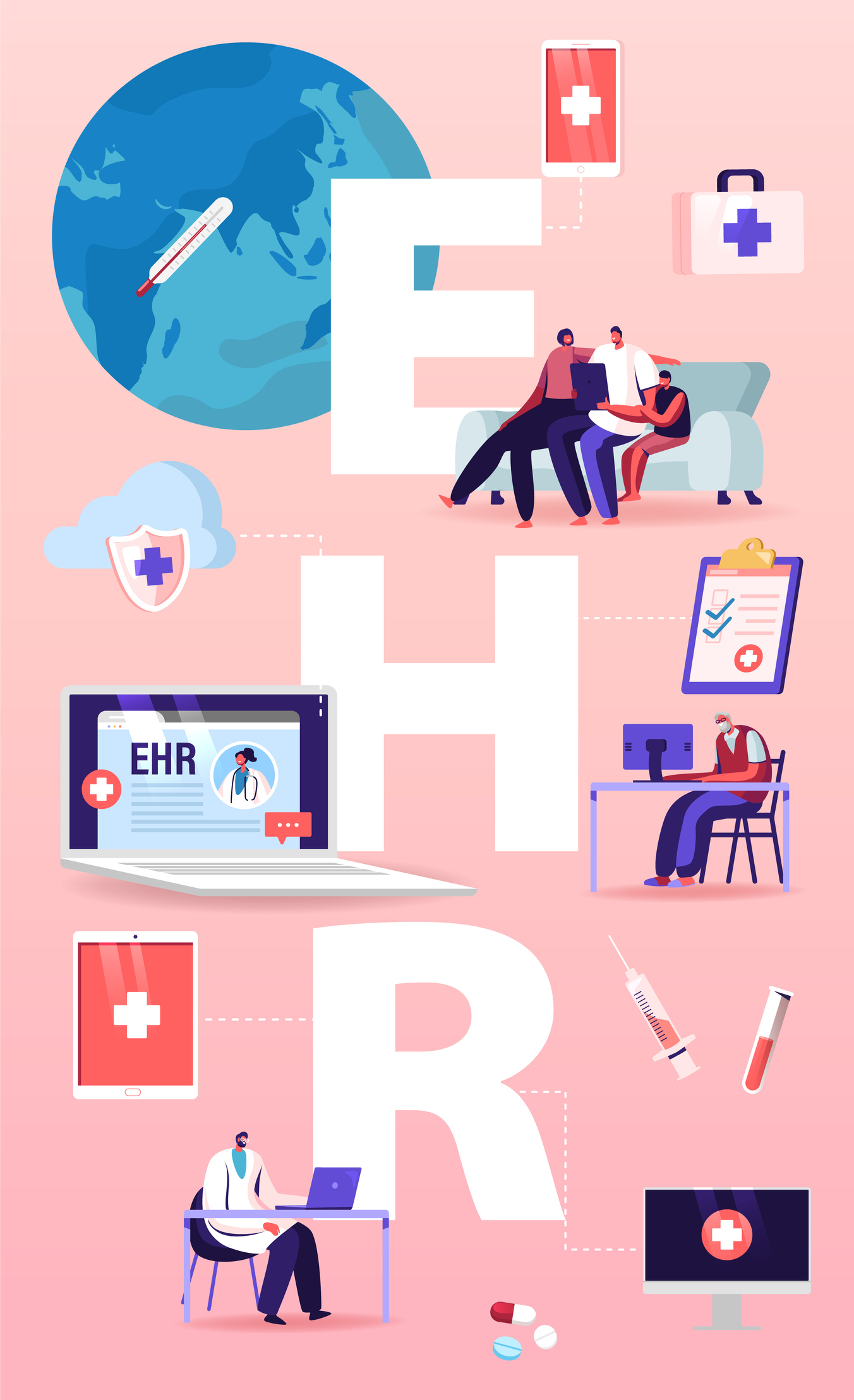 EHR, Electronic Health Record Concept. Patient Characters Insert Medical Data in Tablet. Doctor Use Digital Smart Device to Read Report Online Poster Banner Flyer. Cartoon People Vector Illustration