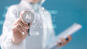 A doctor in the background pressing a button that says AI in the foreground