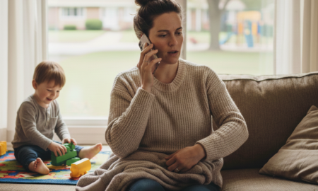 A parent on the phone while her child plays in the background