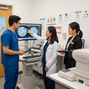 An optometrist and staff members review a scan 