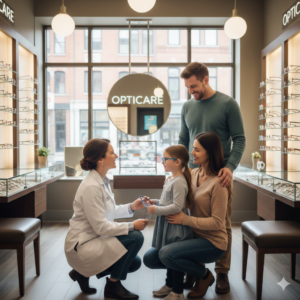 A child and her parents being helped by an optician