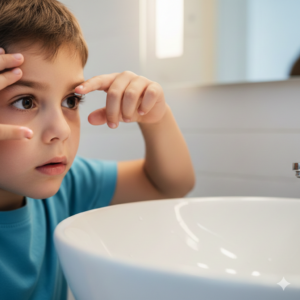 A child putting in a contact lens