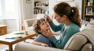 A mother putting eye drops into her young son's eyes