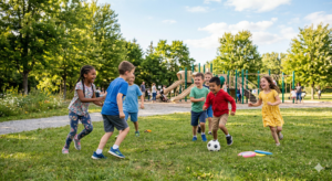 Kids outside playing soccer