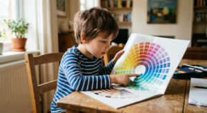 A young boy looks at an image of a color chart