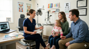 Parents with a young child at the eye doctor's office