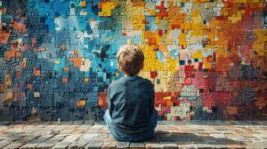 A young boy sits in front of a mosaic of puzzle pieces 