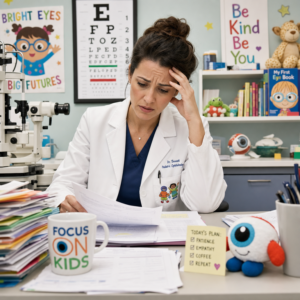 A pediatric eye doctor looks stressed at her desk