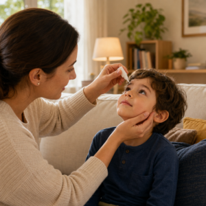 A parent puts eye drops into a child's eye