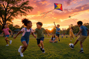 Kids playing outside at night
