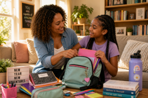 A mother helps her daughter prepare for back-to-school