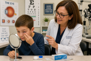 An eye doctor helps a young boy learn how to insert contact lenses