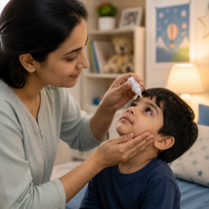 A mother puts eye drops in her young son's eyes