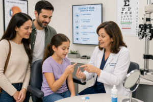 An OD shows a young patient and her parents myopia control soft contact lenses