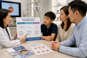 An eye doctor talks to a family about myopia management treatments