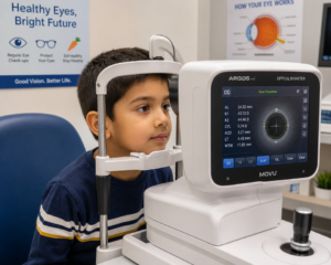 A young boy sits in front of an optical biometer 
