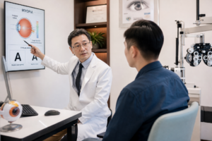 An eye doctor talks to an adult patient about myopia