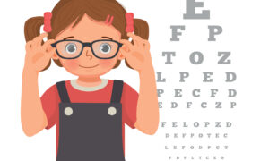 Cartoon of little girl who is wearing glasses and standing in front of an eye test