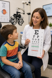 A young boy gets an eye exam, representing the association between mental health and refractive error