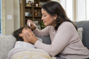 A mother puts eye drops into her daughter's eyes