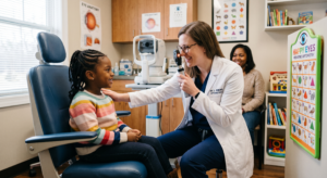 An eye doctor checks a young girl's eyes