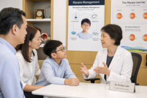 An eye doctor talks to a pediatric patient and his parents about myopia management