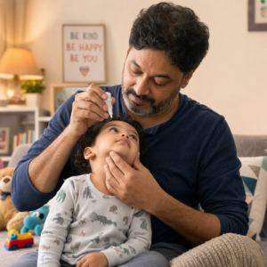 A father puts eye drops into his young son's eyes
